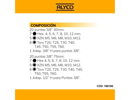 JUEGO 42 PUNTAS 3/8 CON CAJA METÁLICA ALYCO