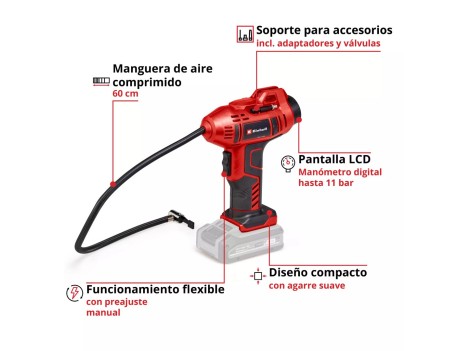 COMPRESOR AIRE BATERÍA 18V 11 BAR 60CM MANGUERA