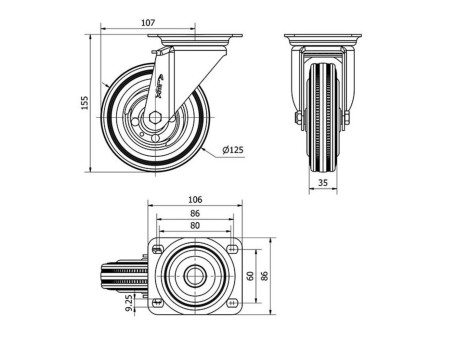 RUEDA GIRATORIA DE GOMA 125 MM CON RODAMIENTOS RUEDAS ALEX