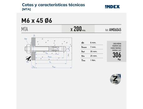 ANCLAJE METÁLICO MACHO M12X120 ZINCADO INDEX