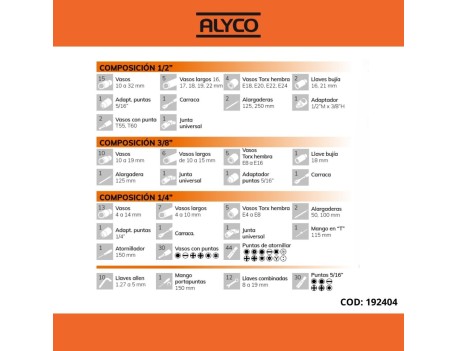 JUEGO DE LLAVES Y ACCESORIOS 219 PZAS DE 1/2 - 1/4 - 3/8 ALYCO ORANGE