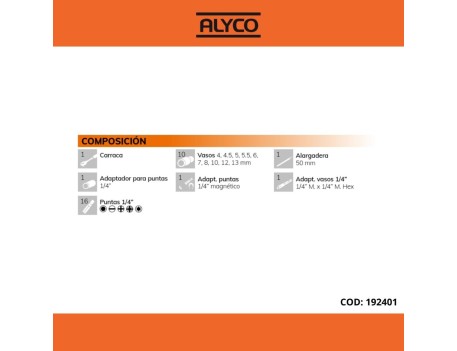 JUEGO DE VASOS Y ACCESORIOS 31 PZAS 1/4 ALYCO ORANGE