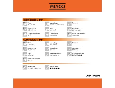 JUEGO DE LLAVES Y ACCESORIOS 110 PZAS DE 1/2 - 1/4 ALYCO ORANGE
