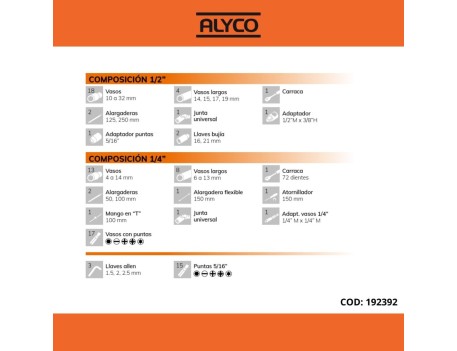 JUEGO DE LLAVES Y ACCESORIOS 94 PZAS DE 1/2 - 1/4 ALYCO ORANGE