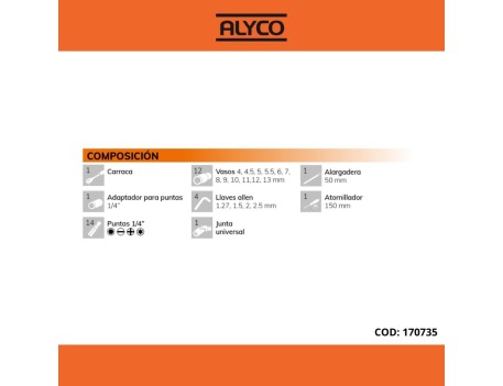 JUEGO LLAVES DE VASOS Y ACCESORIOS 1/4 35 PZAS ALYCO ORANGE