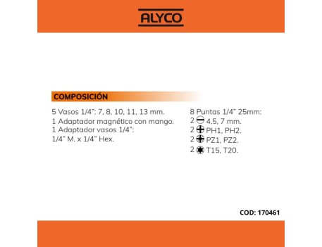 JGO. 15PZS ADAPTADOR+VASOS+PUNTAS ALYCO ORANGE