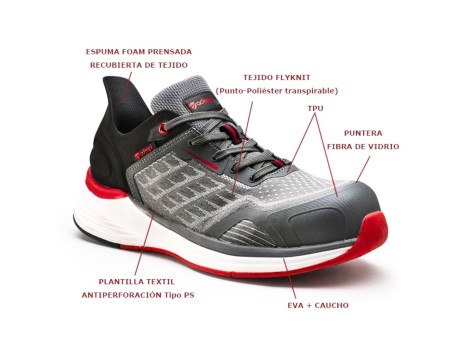 ZAPATO SERVAL NEGRO/GRIS/ROJO SEGURIDAD