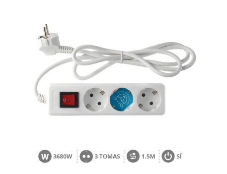 BASE MÚLTIPLE 3 TOMAS CON INTERRUPTOR 1,5M BLANCA