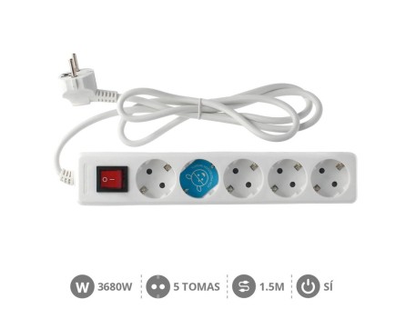 BASE MÚLTIPLE 5 TOMAS CON INTERRUPTOR 1,5M BLANCA