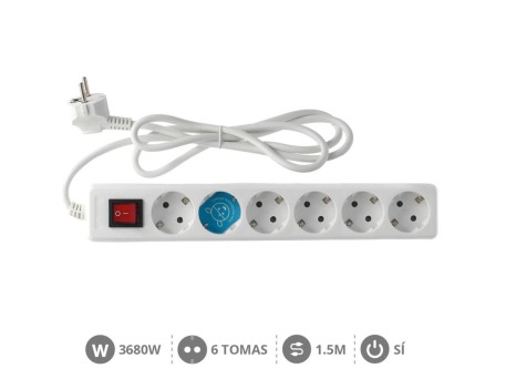 BASE MÚLTIPLE 6 TOMAS CON INTERRUPTOR 1.5M BLANCA