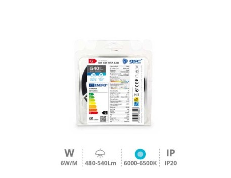 KIT TIRA LED 5M 6W/M IP20 LUZ FRÍA 6000K-6500K
