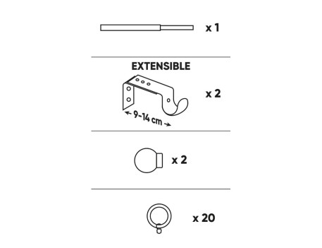 KIT BARRA CORTINA EXTENSIBLE 110-200CM PLATA AROS